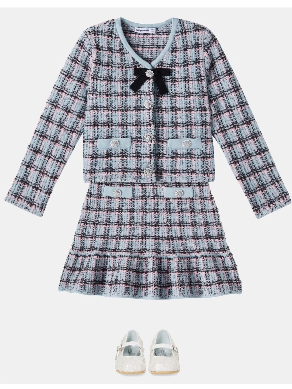 Self-Portrait Kids Blue and Pink Tweed Skirt and Jacket Set